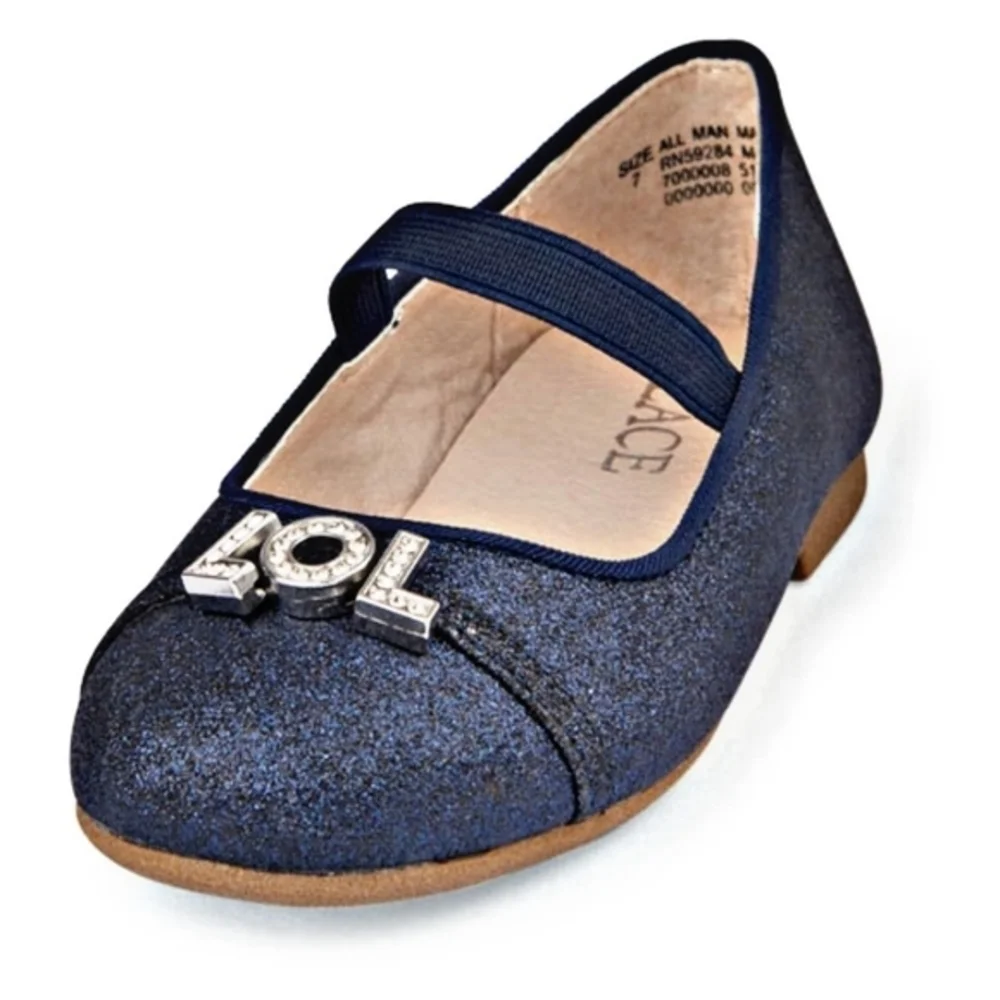 The Children’s Place ✦ Navy Glitter Flats ✦ Vegan Leather OMG LOL Charms 6 NWT